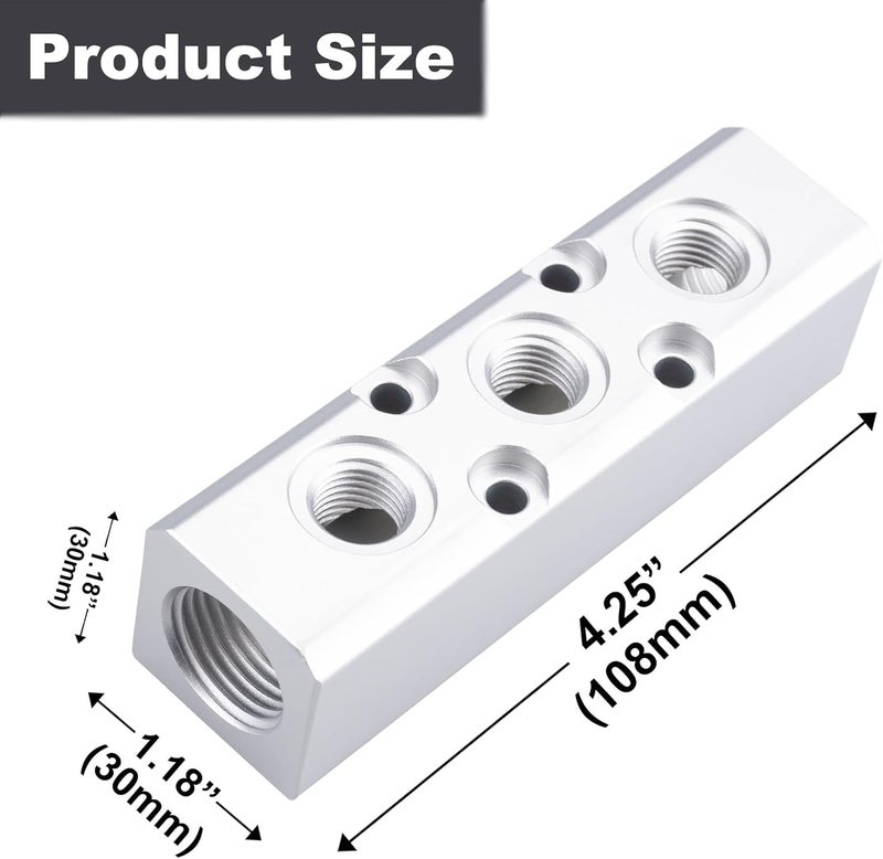 MARSTEK 2PCS Air Manifold, 3 Way 5 Port Air Compressor Manifold, Aluminum Air Hose Inline Manifold Block Splitter, Pneumatic Manifold Air Distribution Block, NPT 1/2 Inch Supply Port, NPT 1/4 Inch Output Port - Image 2